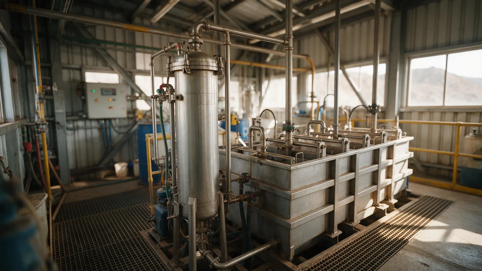An elution column and electrowinning cells in a secured gold room