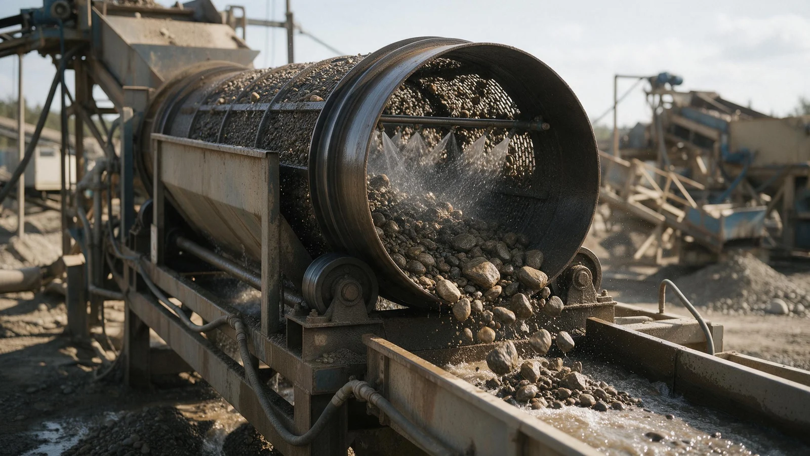 Rotating trommel screen scrubbing clay-bound alluvial gravel