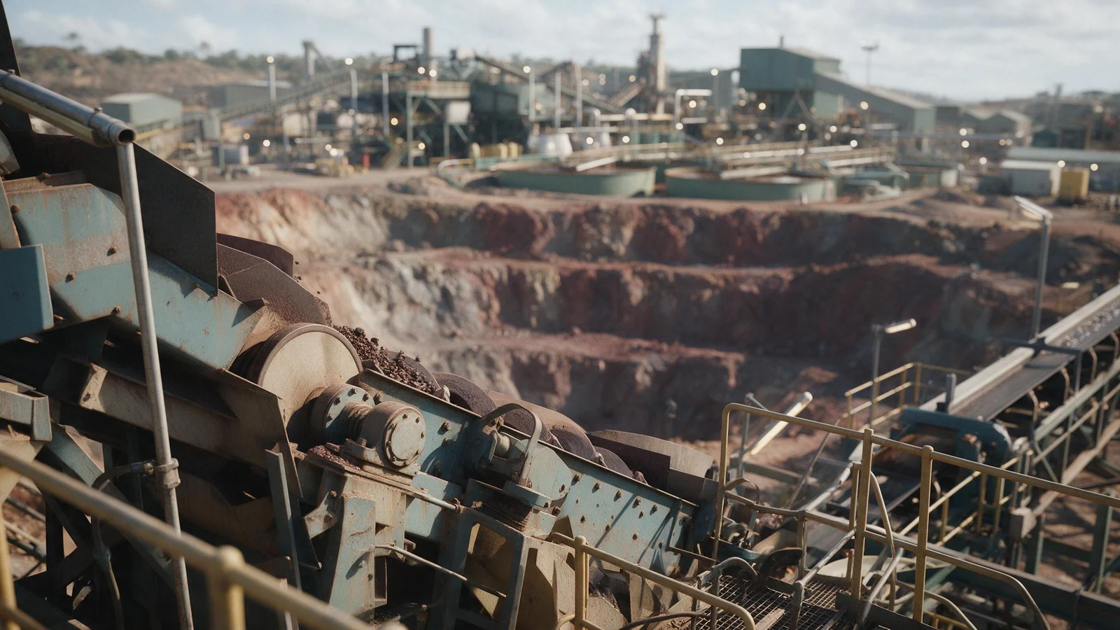An open pit with reddish oxidised ore benches and a gold processing plant with leach tanks beyond